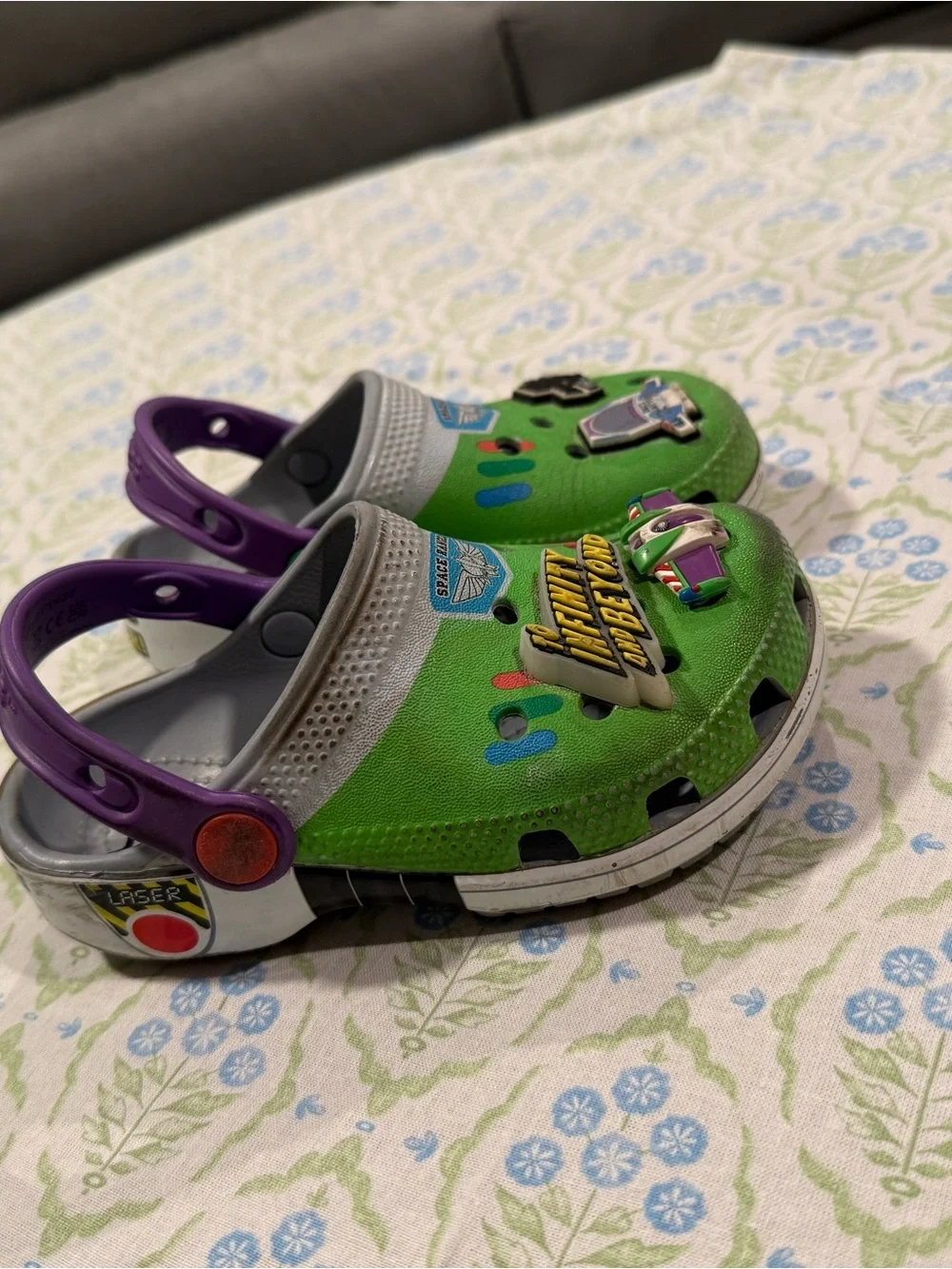CROCS Kids Green Buzz Lightyear Clogs with Purple Heel Straps